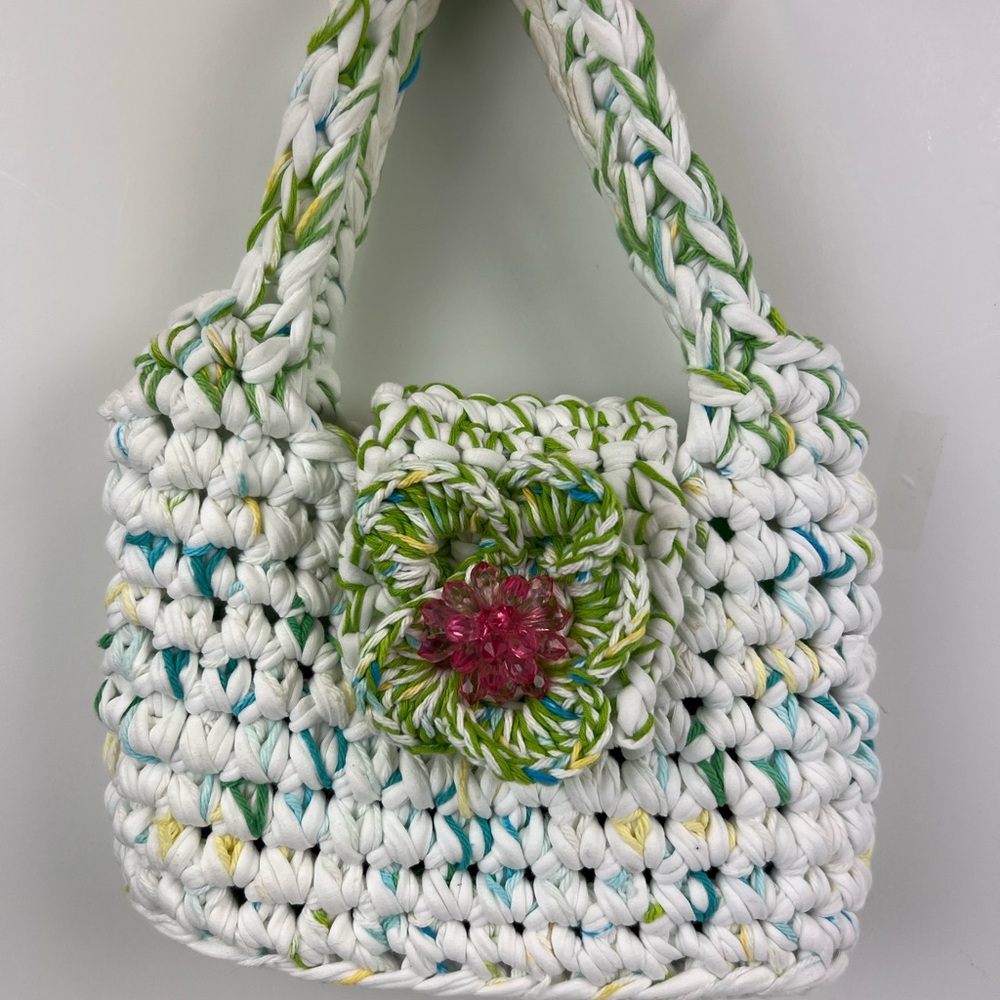 Chic White and Green Crochet Shoulder Bag with Pink Floral Accent